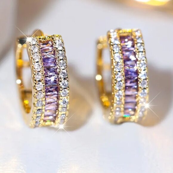 Small Huggie Earrings with Tons of Bling Purple 1414 - Picture 5 of 7